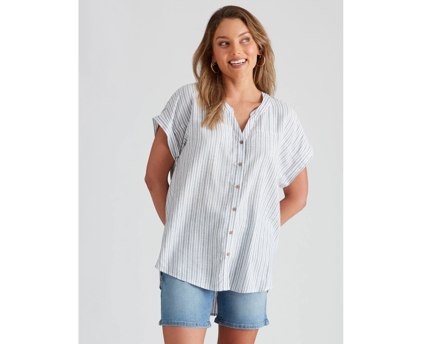 Rockmans Extended Sleeve Woven Shirt - Womens - Navy/White Stripe