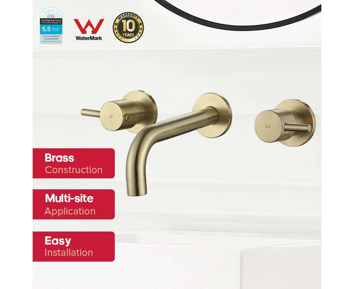 WELS Brushed Gold Wall Tap set Bath curved spout Basin Outlet 1/4 Turn Twin Taps