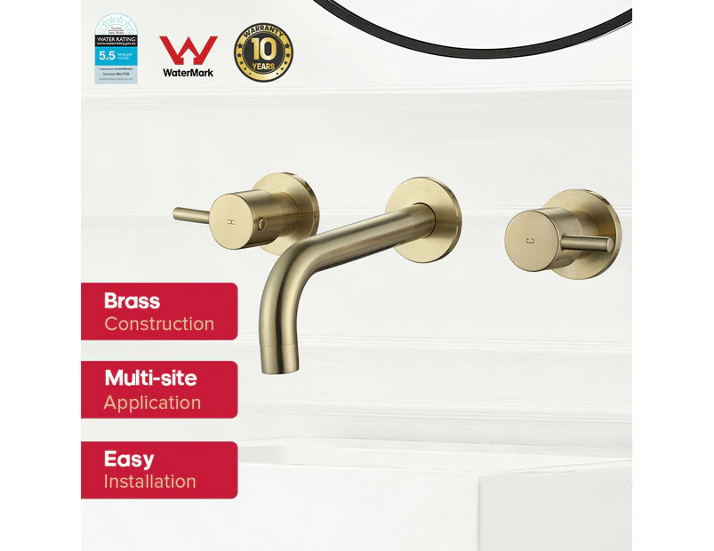 WELS Brushed Gold Wall Tap set Bath curved spout Basin Outlet 1/4 Turn Twin Taps