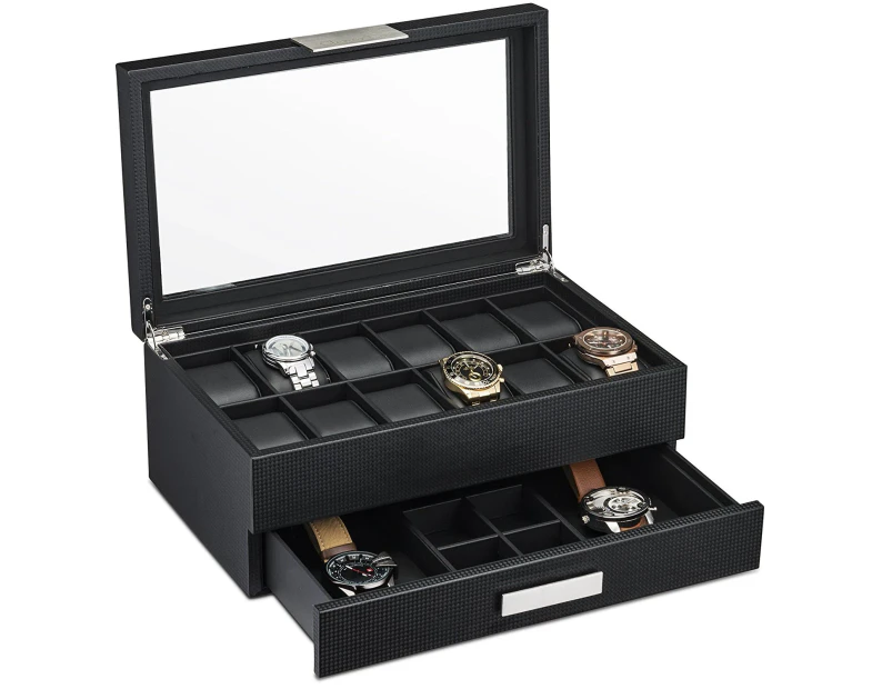 Watch Box with Valet Drawer for Men - 12 Slot Luxury Watch Case Display Organiser, Carbon Fibre Design for Mens Jewellery Watches, The Men's Storage Boxes