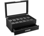 Watch Box with Valet Drawer for Men - 12 Slot Luxury Watch Case Display Organiser, Carbon Fibre Design for Mens Jewellery Watches, The Men's Storage Boxes