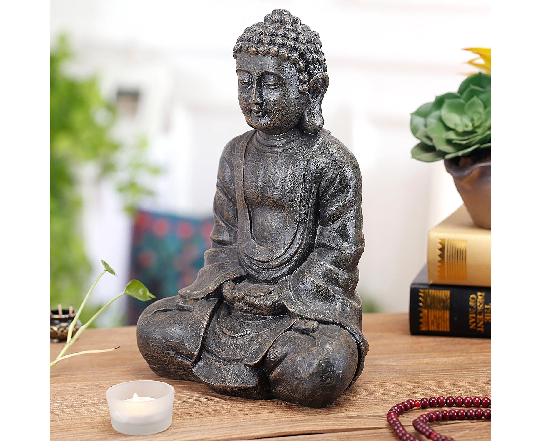 30cm Meditating Seated Buddha Statue Figurine with Rustic Grey Finish