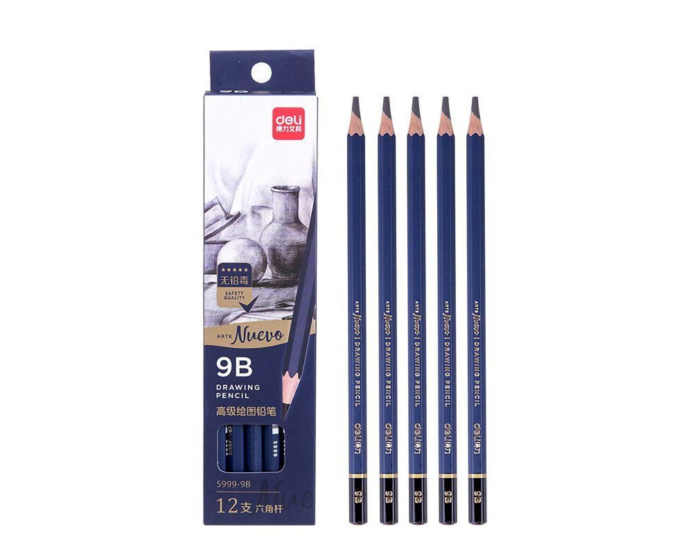 Deli S999 9B Graphite Safety Quality Drawing Sketching Writing Pencil Set 12Pcs