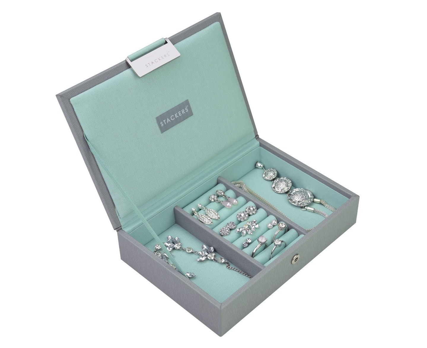 Stackers by LC Designs STACKERS CLASSIC SIZE Dove Grey Lidded STACKER Jewellery Box with Mint Green Lining. 
