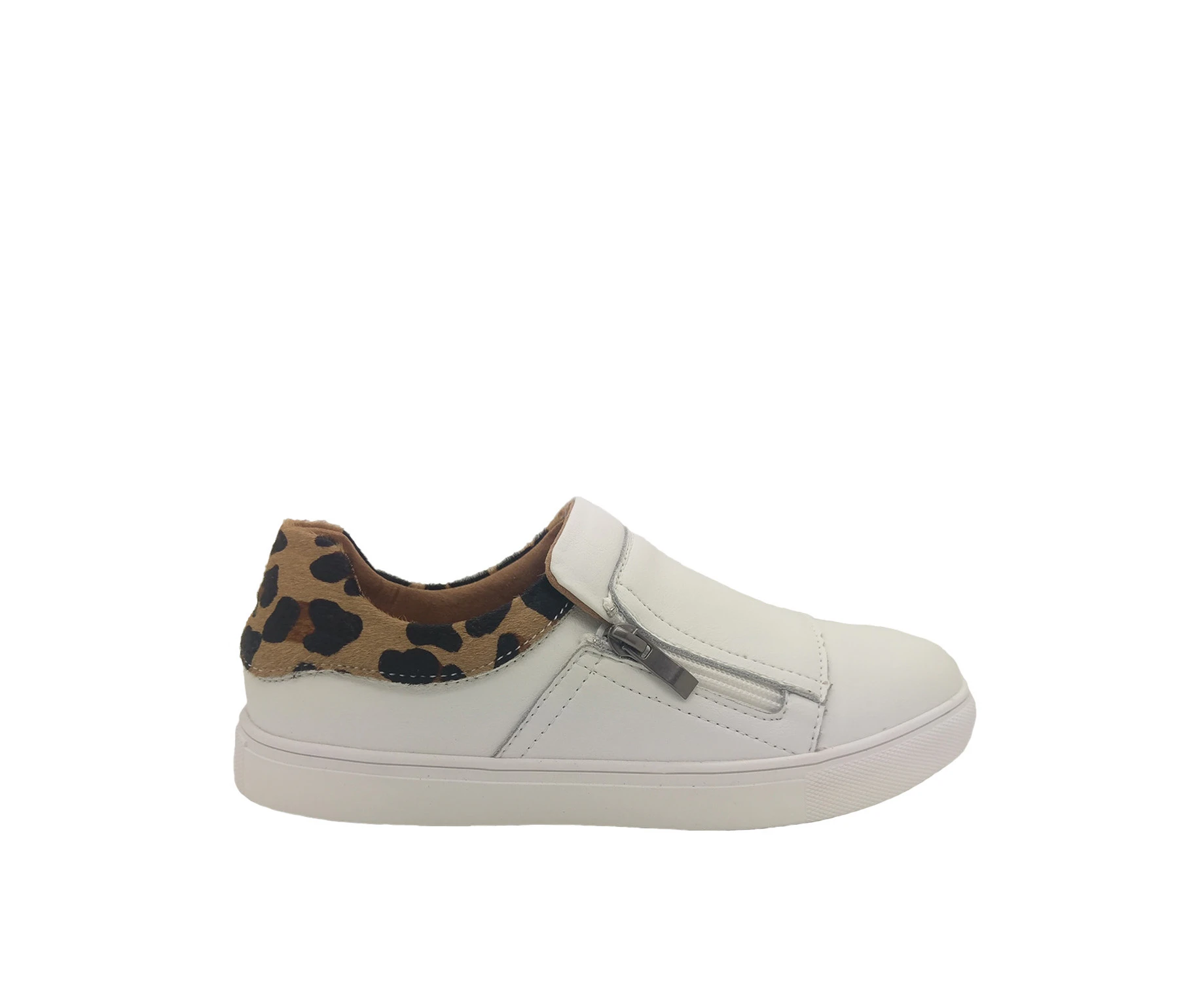 Step On Air Magic Ladies Leather Casual Zip Side Flat Comfy Animal Print Trim - White