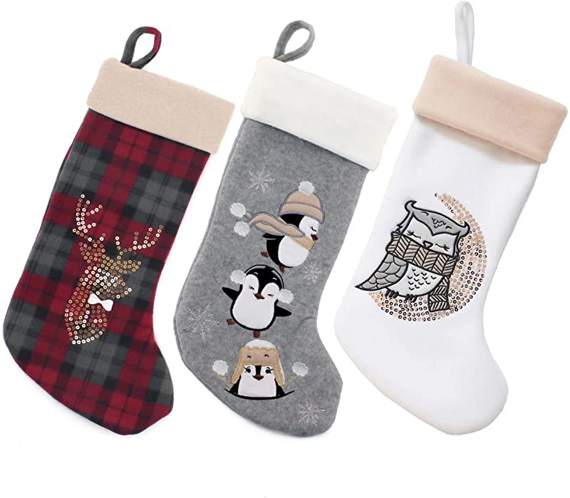 (3 Piece, Assortment 99) - BambooMN 3 Pcs Set 46cm Classic Hand Embroidered Sequined Cute Animal Christmas Stocking, Assortment 99