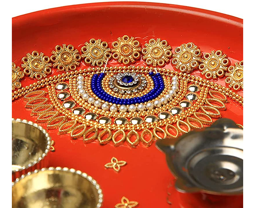 Red Rakhi Thali Plate Small Pooja Thali Plate Engagement Ring Platter Decorative Steel Puja