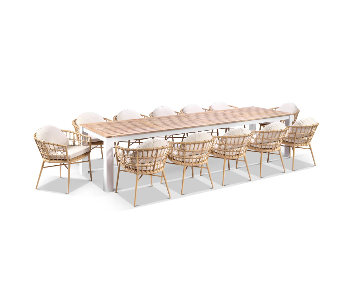 Outdoor Balmoral 3.55M Outdoor Teak Top Aluminium Table With 12 Moana Wicker Chairs - Outdoor Dining Settings - White Aluminium Table w/ Wheat Wicker Chairs