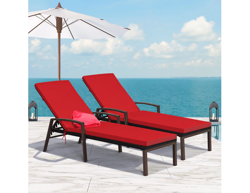 Costway 2PC Sun Lounge Outdoor Furniture Day Bed Rattan Sofa Cushion Armchair Patio Garden Pool w/Adjustable Backrest, Red