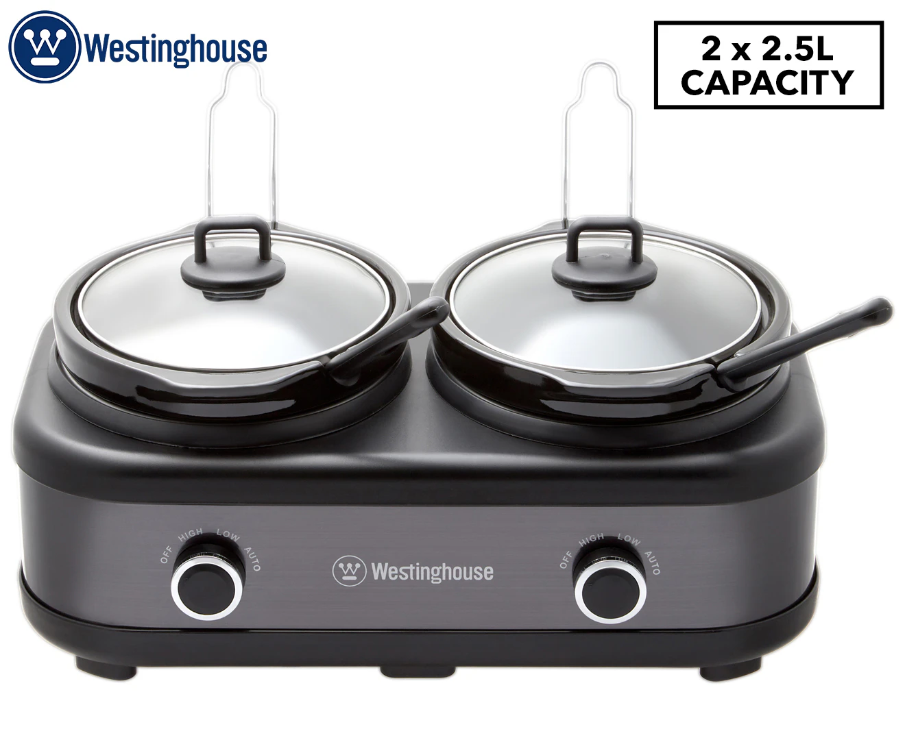 Westinghouse Stainless Steel Electric Slow Cooker w/2x 2.5L Ceramic Pots Black