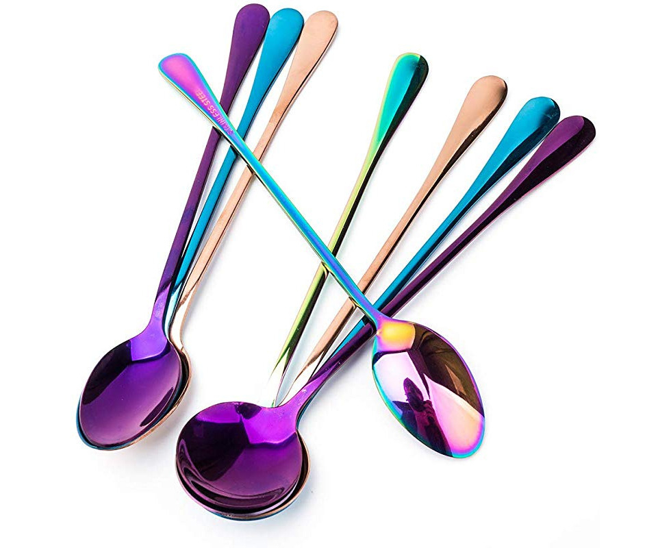KOKER Long-handled ice tea spoon 4 Round and 4 Tip, Multicolor Set of 8 cocktail stir spoons stainless steel coffee spoons 