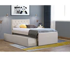Istyle Chester King Single Trundle Storage Bed Frame Fabric White Oak Beige