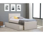 Istyle Selina King Single Trundle Storage Bed Frame Fabric White Oak Beige