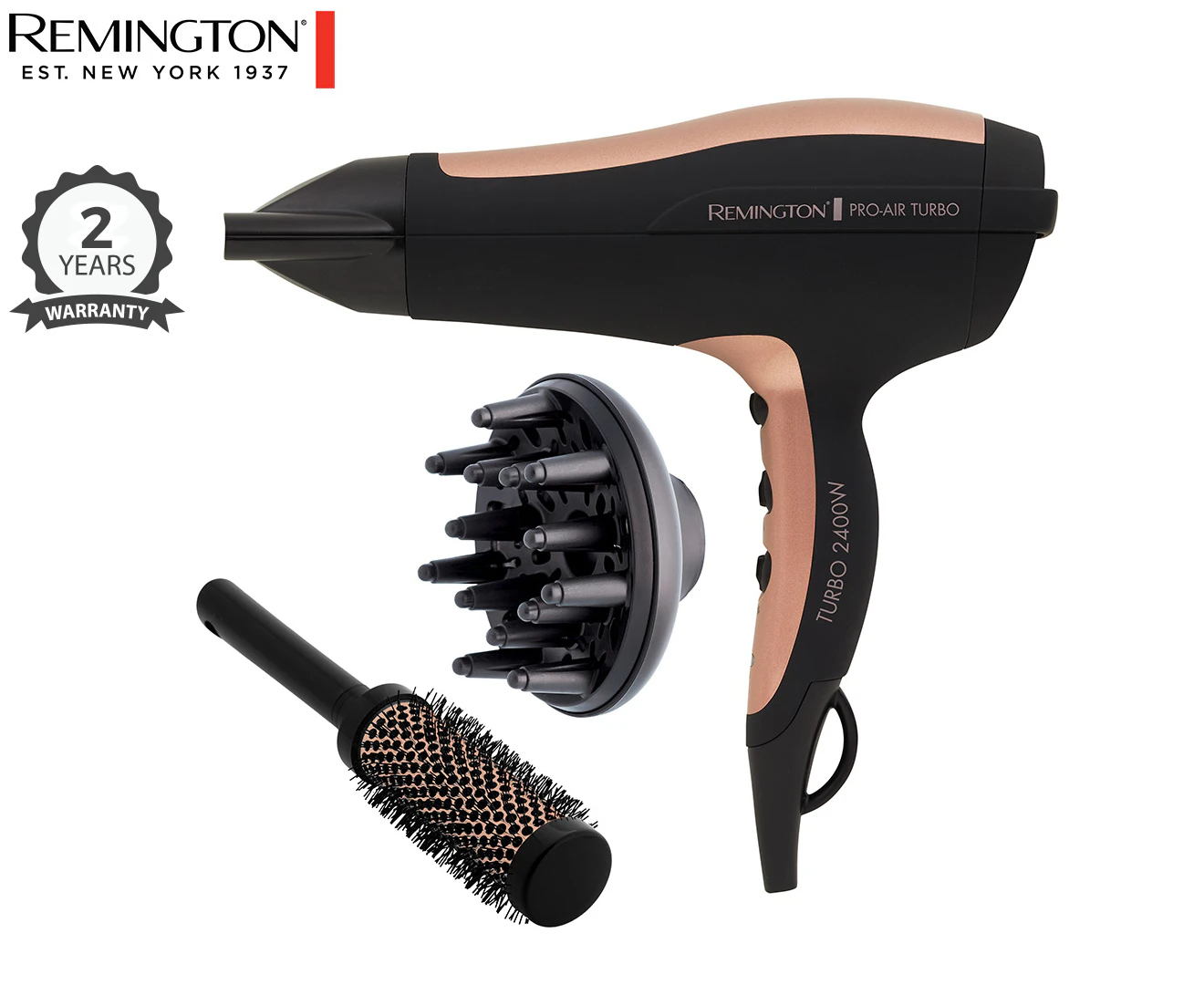 Remington 2400W Pro Air Turbo Ionic Ceramic Turbo Hair Blow Dryer w/ Round Brush