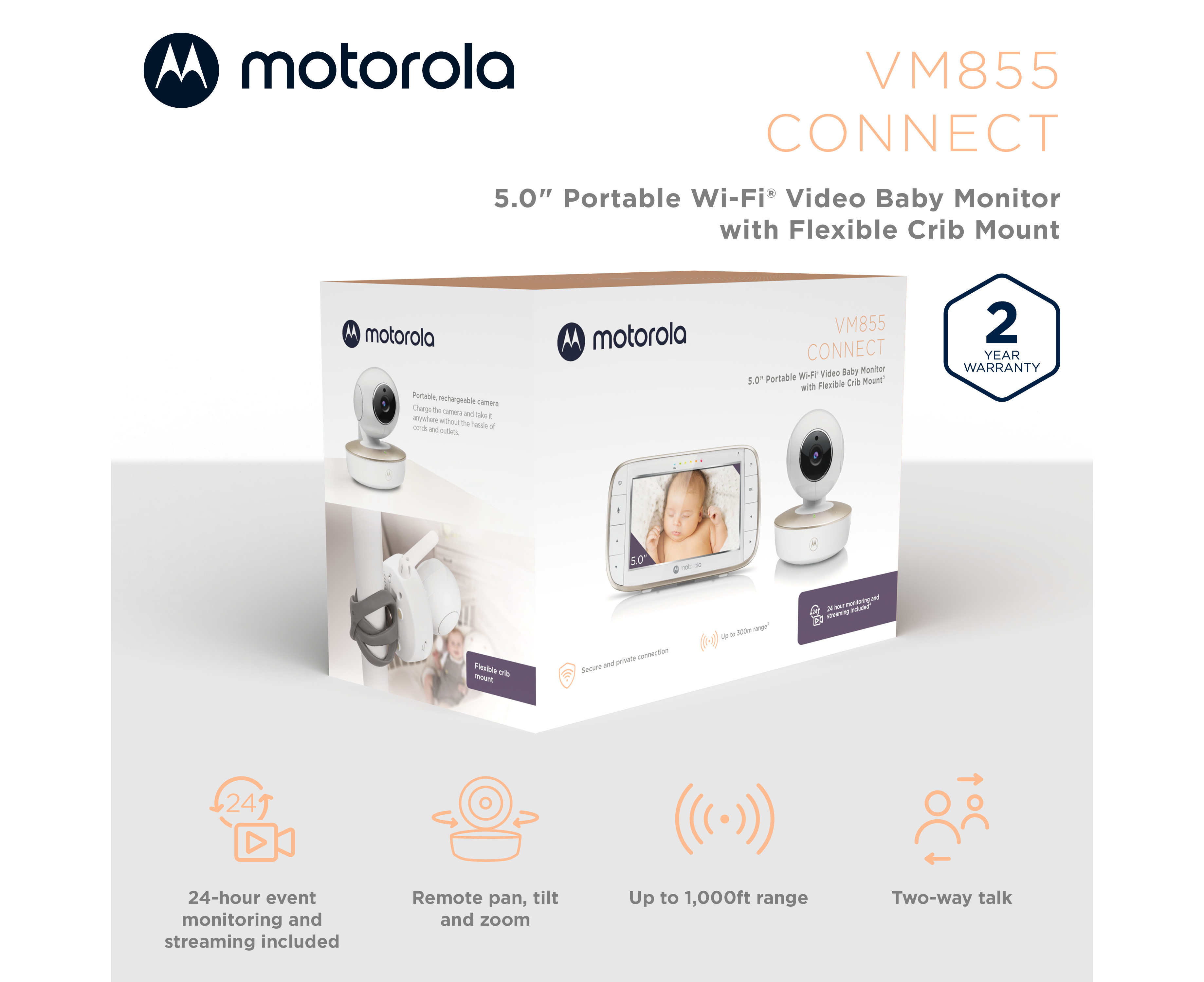 Motorola Vm855 Connect 5 Inch Portable Wi Fi Video Audio Baby Monitor With Secure And Private Connection Additional Flexible Crib Mount Www Catch Com Au