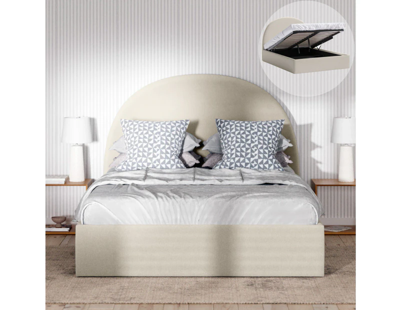 Gas Lift Storage Bed Frame with Arched Bed Head in King, Queen and Double Size (Beige Fabric)