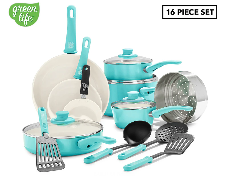 GreenLife 16-Piece Soft Grip Ceramic Non Stick Cookware Set - Turquoise