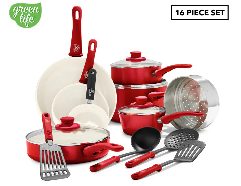 GreenLife 16-Piece Soft Grip Ceramic Non Stick Cookware Set - Scarlet Red