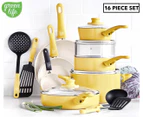 GreenLife 16-Piece Soft Grip Ceramic Non Stick Cookware Set - Yellow