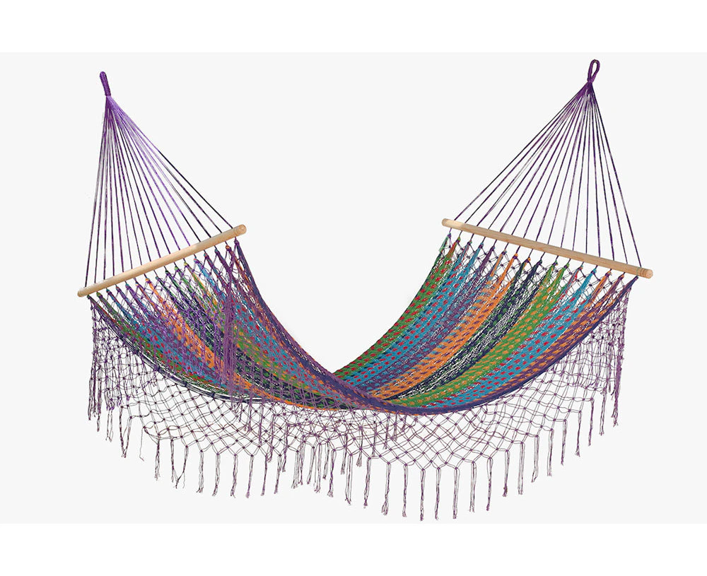 Mayan Legacy Queen Size Outdoor Cotton Mexican Resort Hammock With Fringe in Colorina Colour