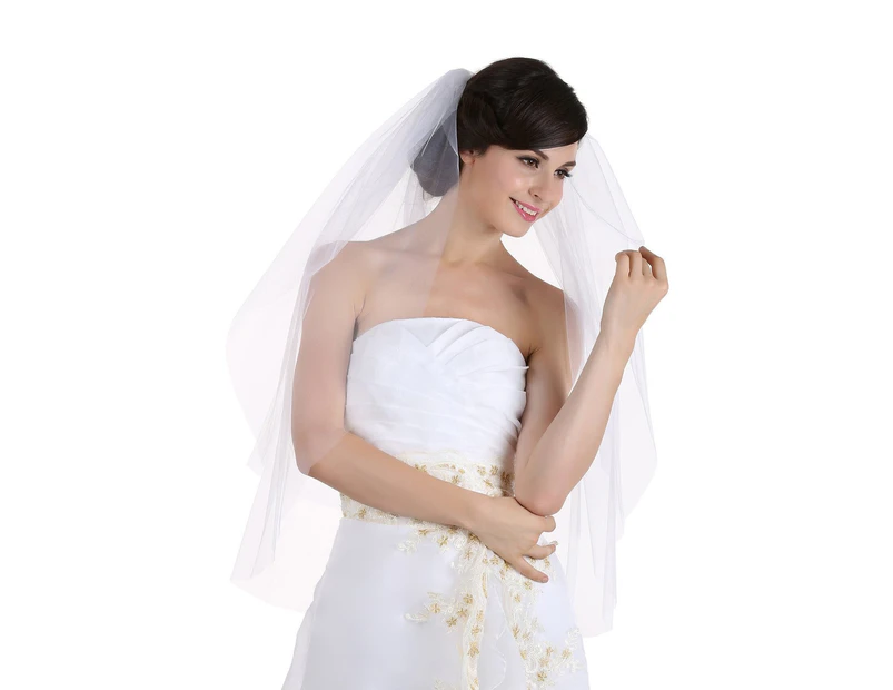 (Elbow Length 80cm , White) - 2T 2 Tier Cut Edge Bridal Wedding Veil - White Elbow Length 80cm