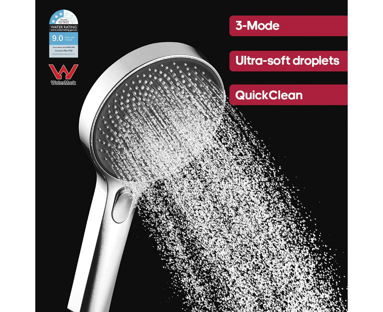 Decaura WELS Hand Held Shower Head 3-Mode Soft Rainfall Large Shower Panel Chrome