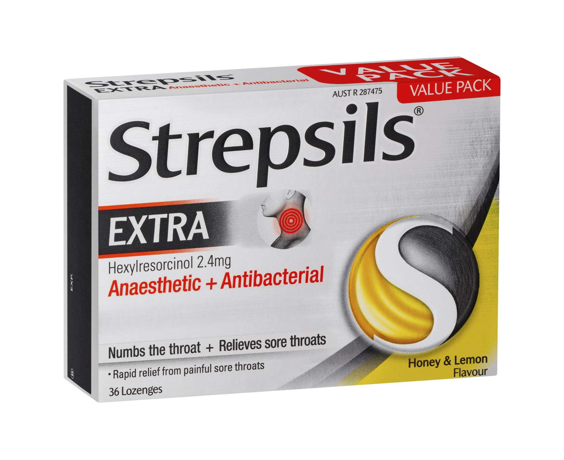 Strepsils Extra Honey and Lemon Fast Numbing Sore Throat Pain Relief with Anaesthetic Lozenges 36pk