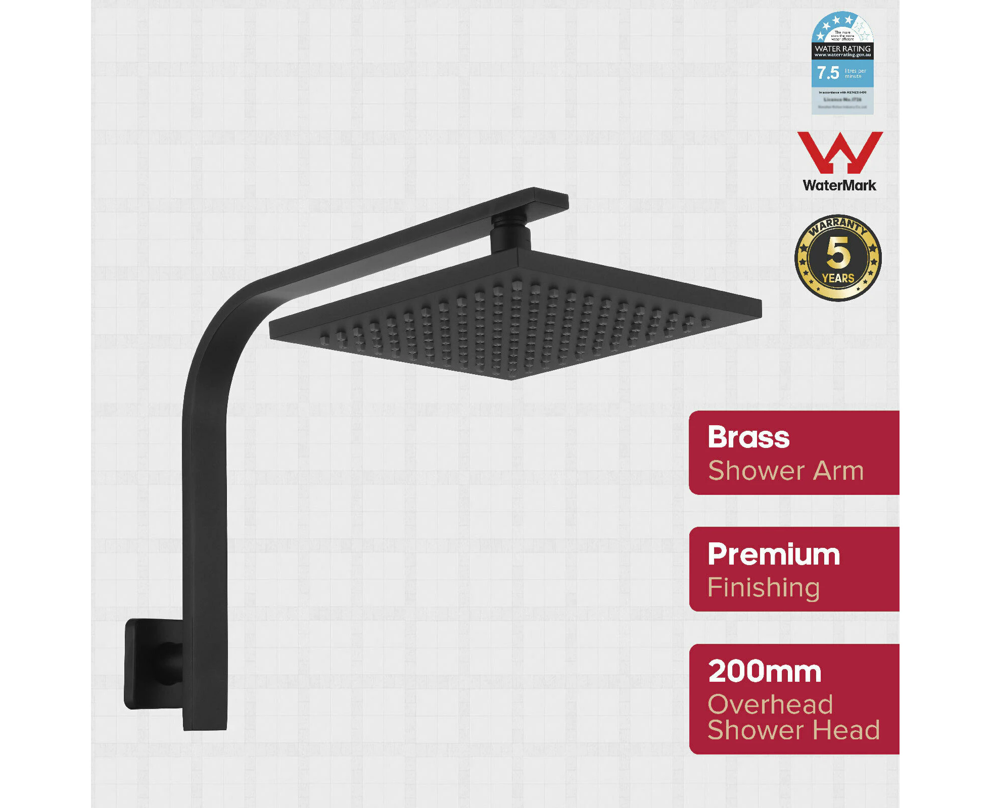 WELS Gooseneck Shower Arm and Head Set 8" Rain Shower Head Swivel Square - Black