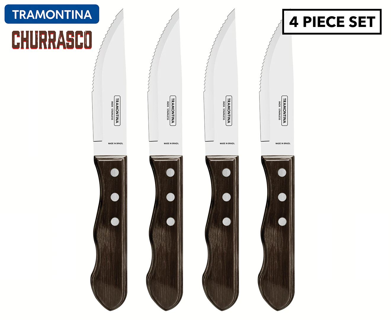 4pc Tramontina Brown Polywood Jumbo Steak Knives Set BBQ Cutlery Tool Utensils