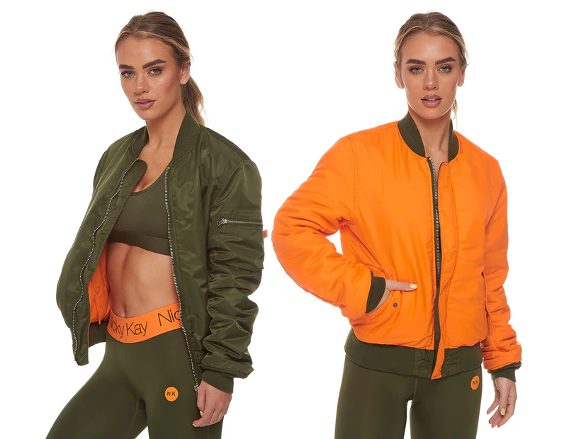 Nicky Kay Women's Reversible Bomber Jacket - Khaki/Orange