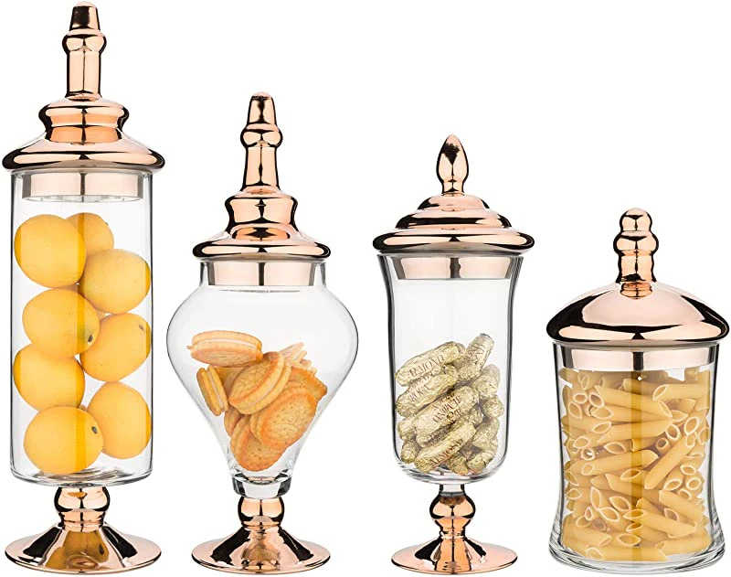 MyGift 4pcs Clear Glass Apothecary Jars with Metallic Copper-Tone Lids