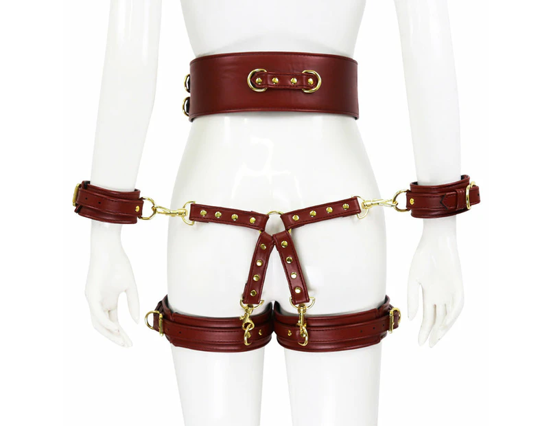 BDSM Handcuffs & Leg Harness Restraint Bondage Kit - Brown