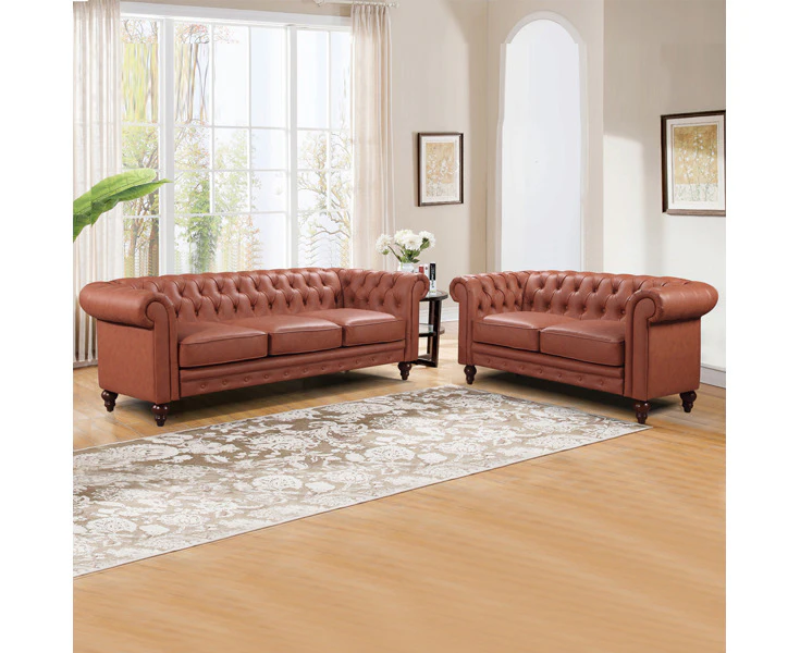 3+2 Seater Brown Sofa Lounge Chesterfield Style Button Tufted in Faux Leather