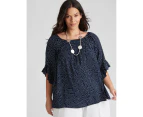 Autograph Woven Shirred 3/4 Slv Off The Shoulder Top - Womens - Plus Size Curvy - Navy Spot