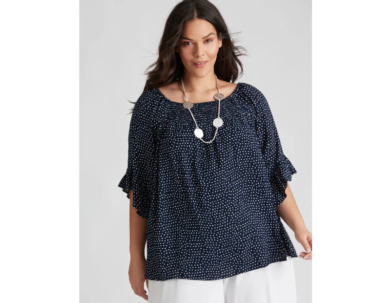 Autograph Woven Shirred 3/4 Slv Off The Shoulder Top - Womens - Plus Size Curvy - Navy Spot