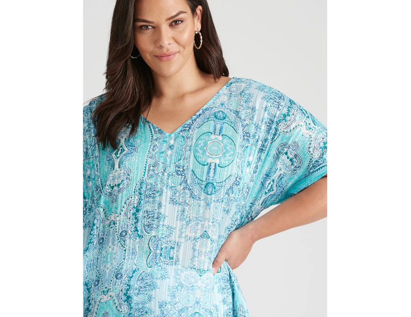 Autograph Woven Extended Sleeve Lurex Button Back Shell Top - Womens - Plus Size Curvy - Medallion
