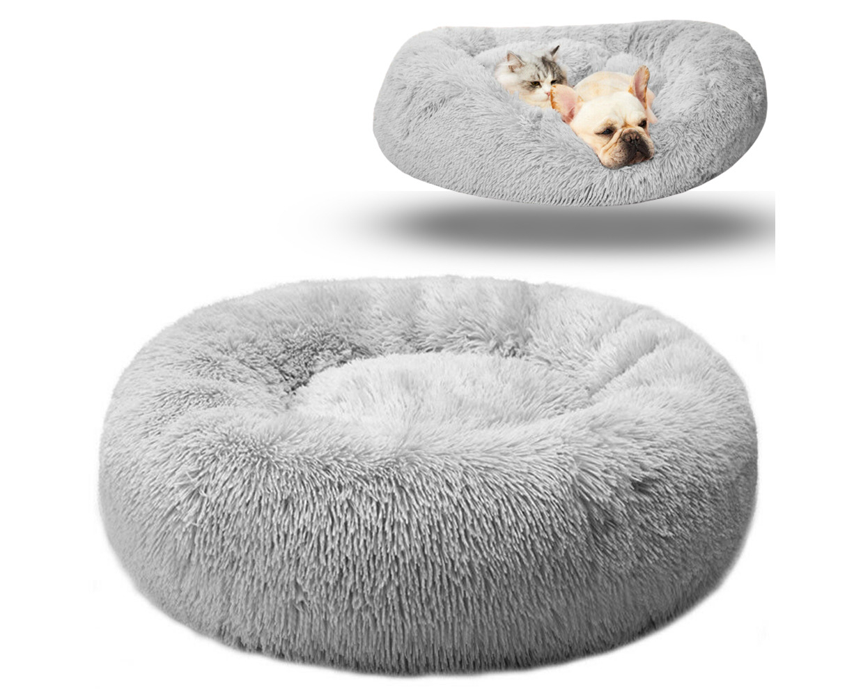 Luxury Plush Donut Pet Bed Dog Cat Cuddler Round Cushion Warm Puppy Sofa Self-Warm Sleeping Bag Orthopedic Relief and Improved Sleep Thicken Plush Kennel Puppy Nest Cat Calming Bed with Anti Slip Base 