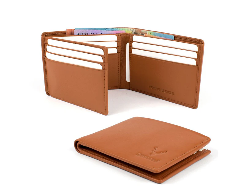Genuine Premium Leather Men's Wallet 9 Cards RFID Blocking Tan