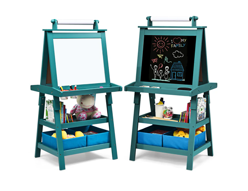 Costway 2-in-1 Kids Art Easel Children Painting Easel Whiteboard Chalkboard Stand w/Drawing Paper & 2 Cups Storage Boxes, Blue