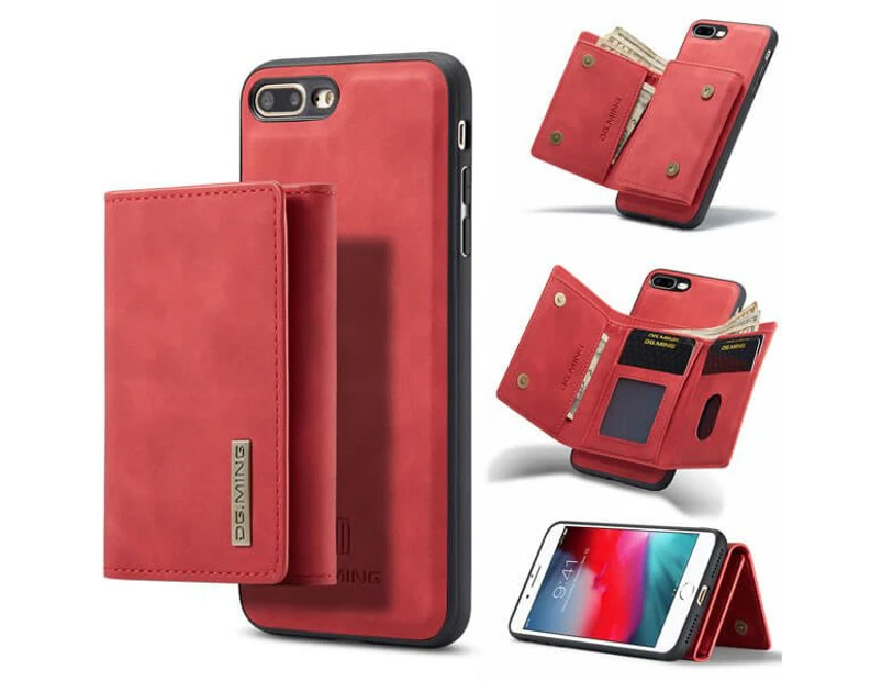 DG.MING For Apple iPhone 7 Plus /8 Plus Premium Trifold Wallet Leather Case With 2-in-1 Magnetic Detachable Card Holder Pocket Cover - Red