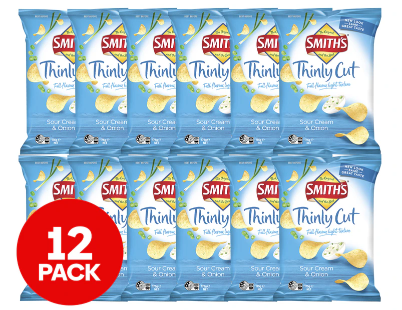 12 x Smiths Thinly Cut Potato Chips Sour Cream & Onion 175g