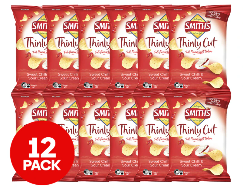 12 x Smiths Thinly Cut Potato Chips Sweet Chilli & Sour Cream 175g