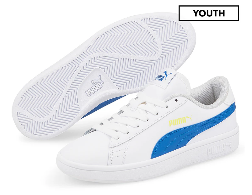 Puma Youth Girls' Smash V2 Leather Sneakers - Puma White/Victoria Blue