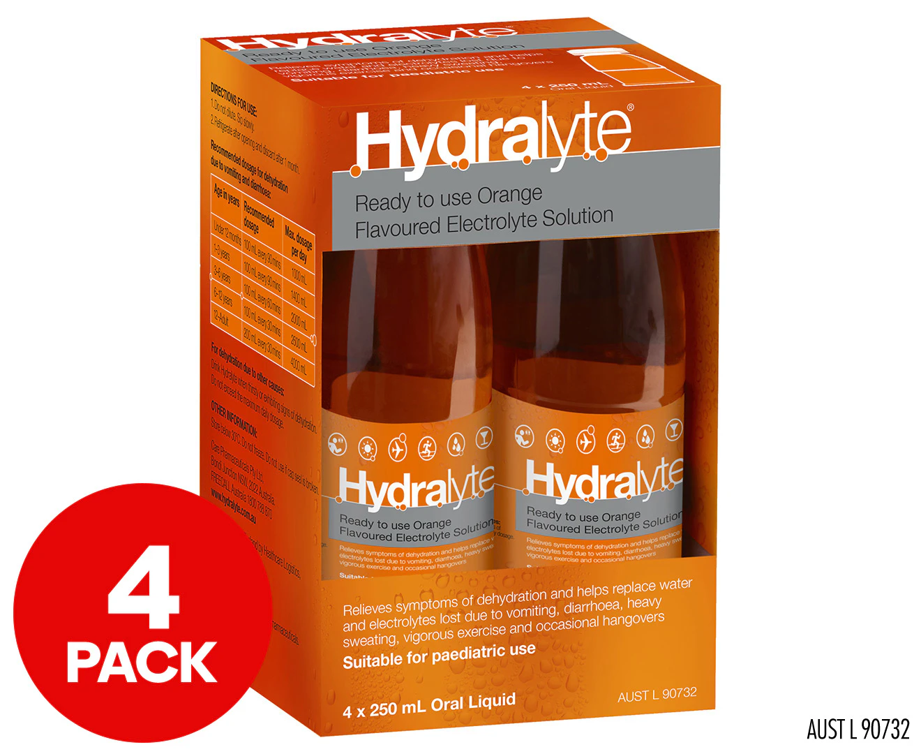 4pk Hydralyte Ready To Use Electrolyte Solution Orange 250mL