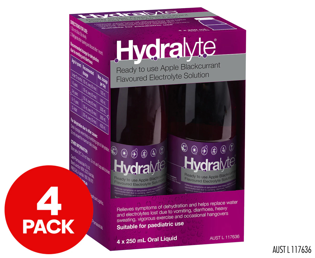 4pk Hydralyte Ready To Use Electrolyte Solution Apple Blackcurrant 250mL