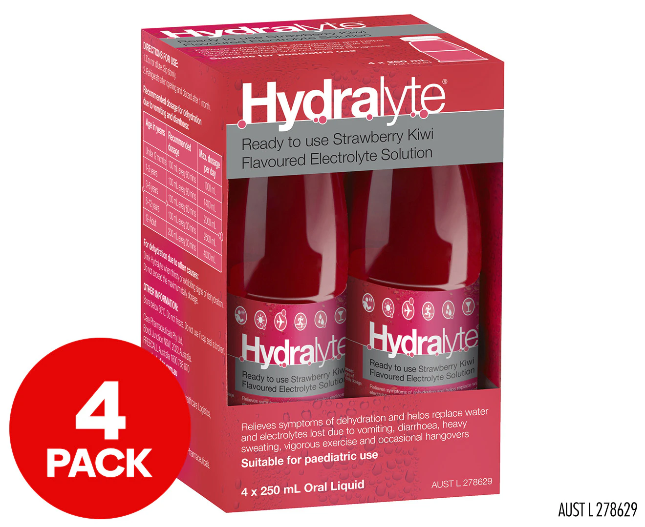 4pk Hydralyte Ready To Use Electrolyte Solution Strawberry Kiwi 250mL