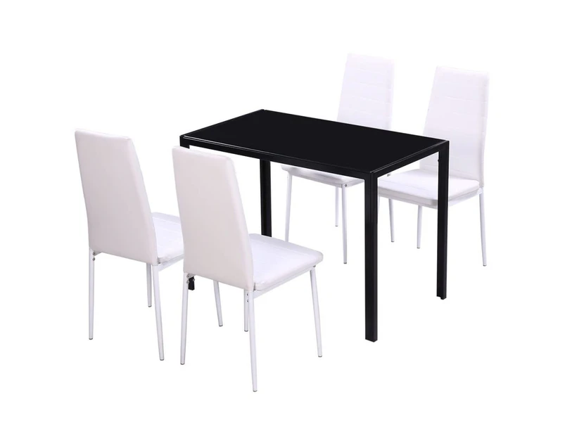 Modern Dining Set 1 Glass Table 4 Chairs Artificial Leather White Dining Room