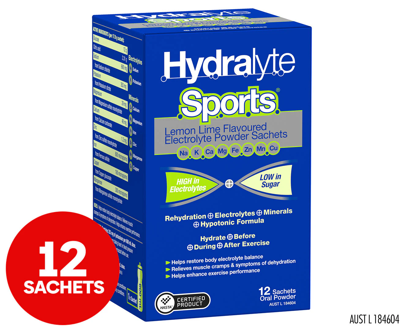 Hydralyte Sports Electrolyte Powder Lemon Lime 12 Sachets