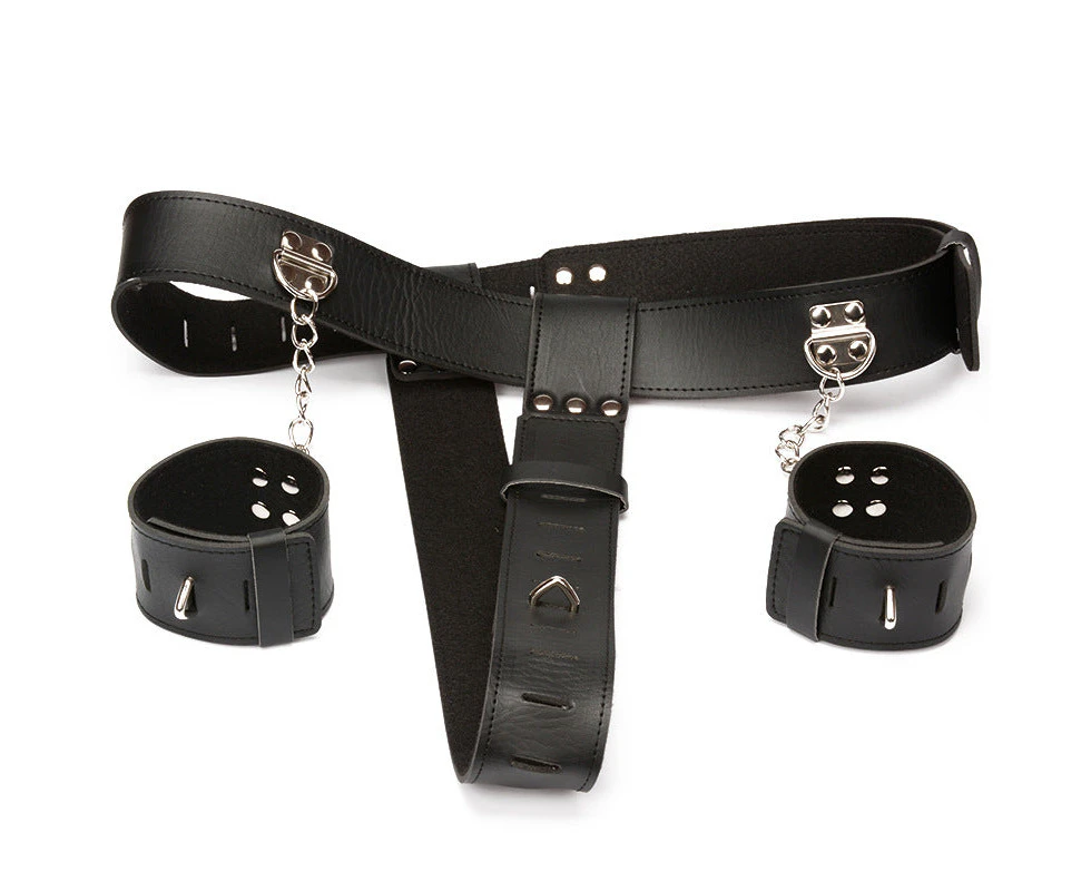 BDSM PU Leather Female Wrist-Cuffed Chastity Pants