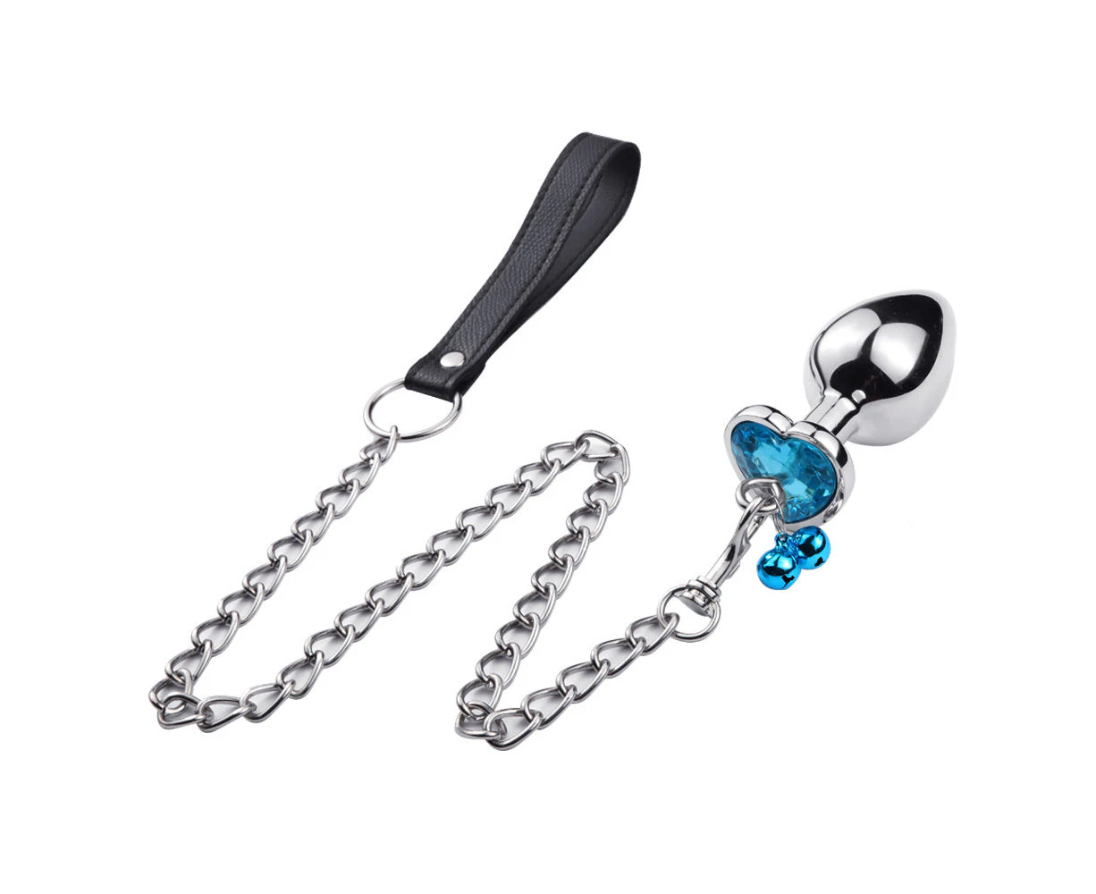 RY Heart Shape Crystal Jewelled Stainless Steel Anal Plug with Bell & Leash - Sky S/M/L